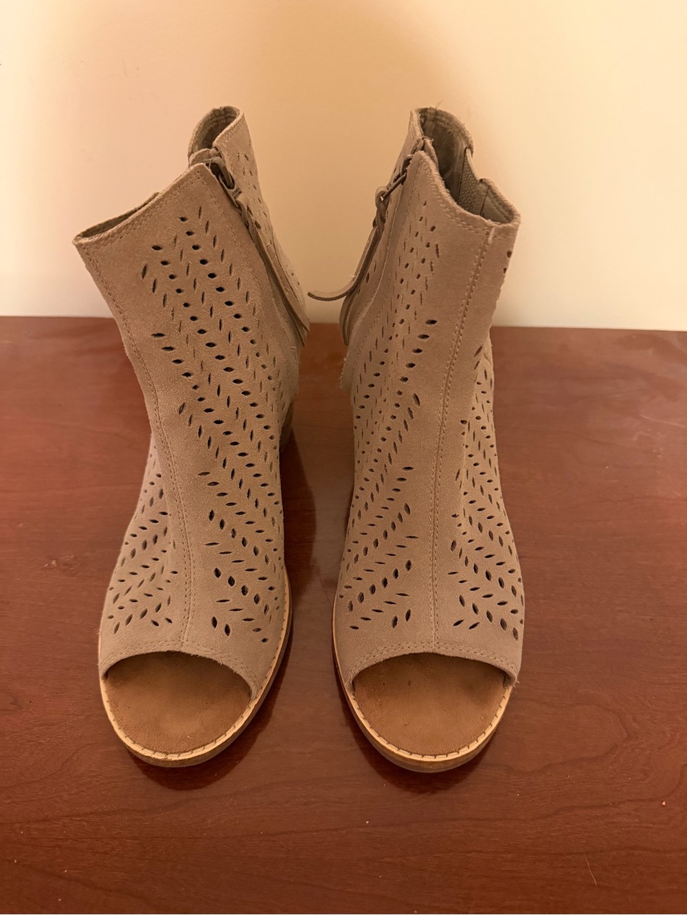 Toms Taupe Perforated Peep-Toe Ankle Boots